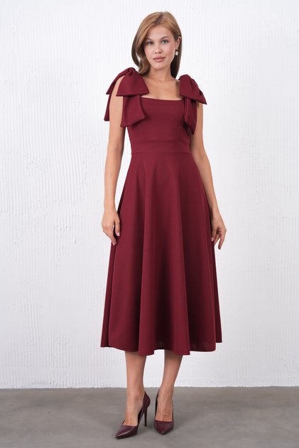 Women's Crepe Fabric Square Neck Bow Strap Detailed Midi Burgundy Flared Evening Dress 77127