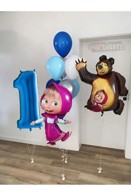1 Year Old Masha and the Bear Blue Number Balloon Set Masha and the Bear Themed Birthday Balloon Set