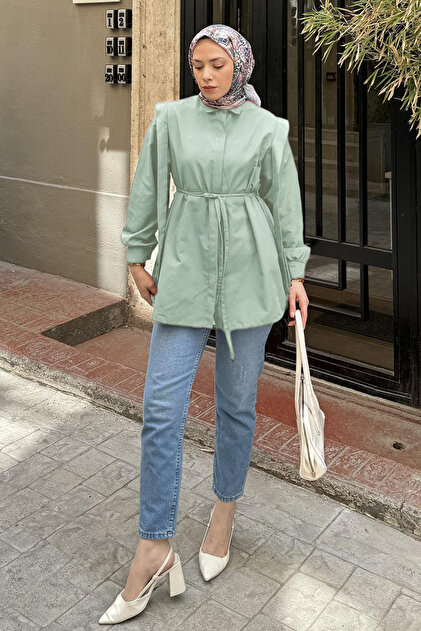 Waist Tied Shoulder Padded Shirt Mint Green