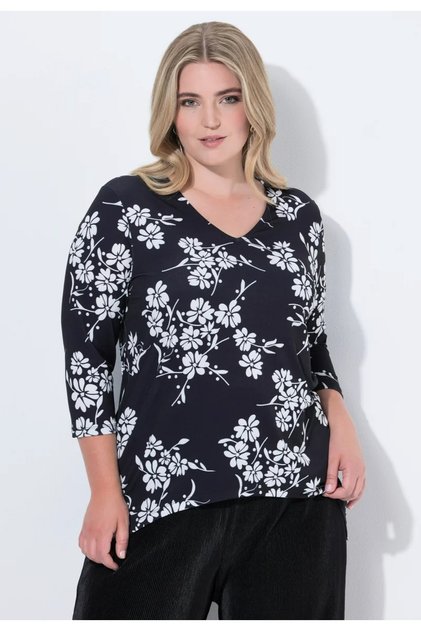 Women's Plus Size Black, V-Neck, Three Quarter Sleeve, Floral Print Blouse 65N39041