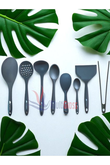 Ivory Heat Resistant Silicone Colander, Ladle, Spatula, Spoon, Tongs Set (30-28-22-20 cm) 8 Pieces