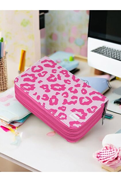 Penholder Leopard Pink-Pink Three Compartment Vegan Leather (Pencil Case)