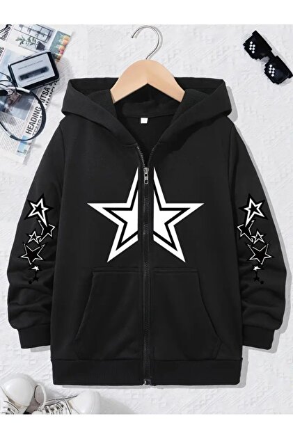 Touz Moda Y2k Star Baskılı Oversize Fermuarlı Siyah Unisex
