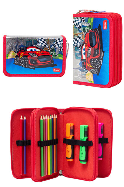 KAFF Araba Desenli PVC Üç Bölmeli Erkek Çocuk Organizer Kalemlik