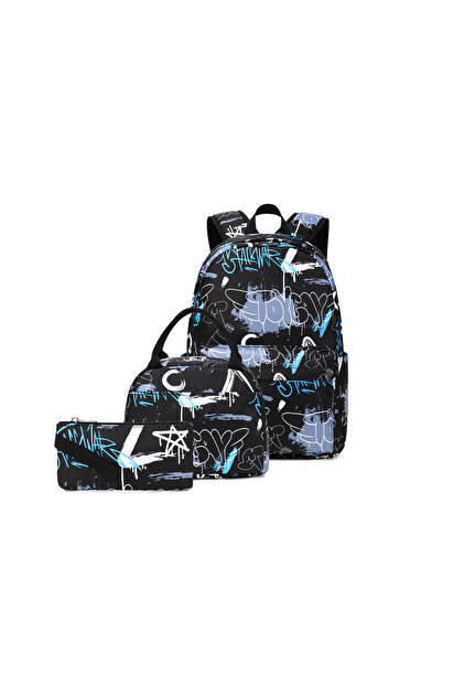 3-Piece Backpack Set for Kids, Lightweight Water-proof, School Bag Black Graffiti