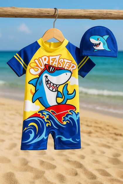 Boy's Full Body Zippered Swimsuit with Digital Printed Checkered Pattern