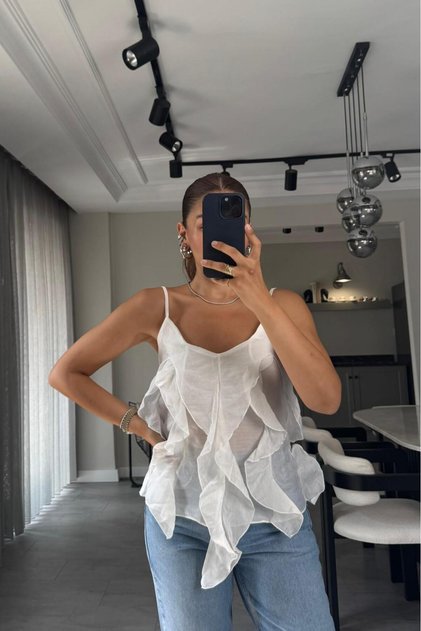 Chiffon Women's Blouse with Flywheel Detail and Strap – Layered Transparent Summer Model