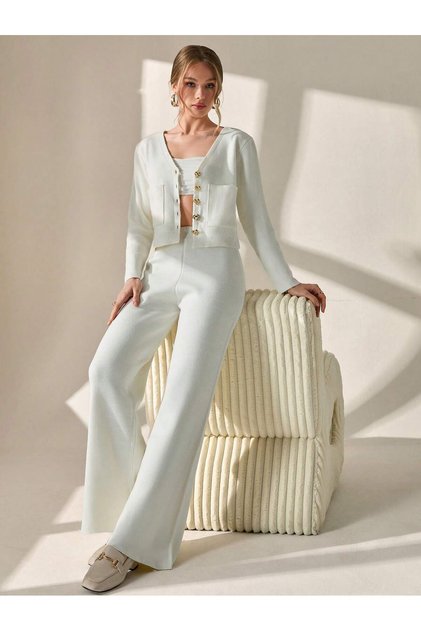 Cotton Knitwear Silver Buttoned Vest High Waist Trousers Double Suit