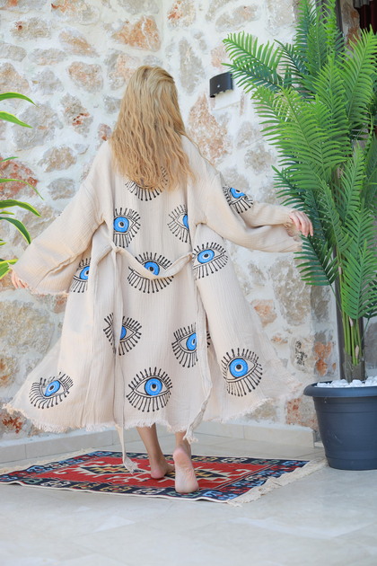 Muslin Kimono 100% Cotton Eye Printed Patterned Bathrobe Kaftan Dressing Gown Beige