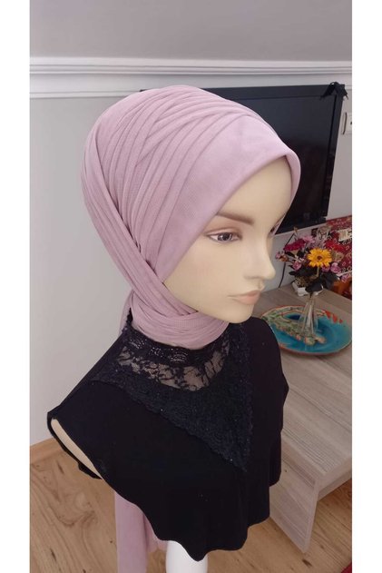 Eflatuna Powder Pink Color Scarf Type Ready-Made Veil Ready-Made Shawl Ready-Made Turban