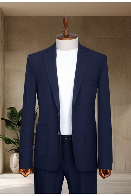 Costum de vară, casual și elegant, cu talie elastică, albastru bleumarin, set de jachetă și pantaloni, set jogger