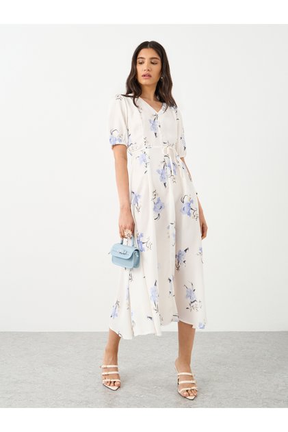 Floral Print Puff Sleeve Waist Tie Midi Dress