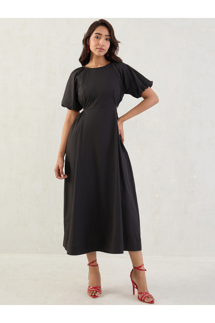 Black Solid Poplin Cut Out A-Line Maxi Dress