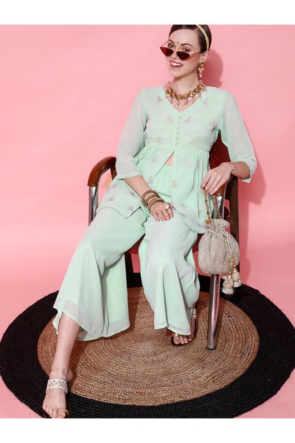 Green Floral Embroidered Pleated Thread Work Kurti and Palazzos Set