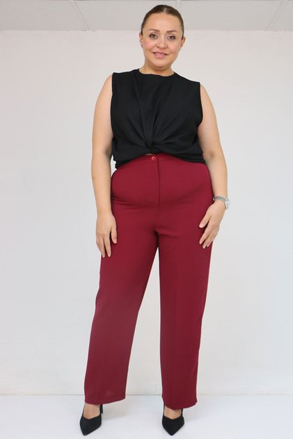 59016 Large Size Crepe Trousers with Button Waist - Burgundy