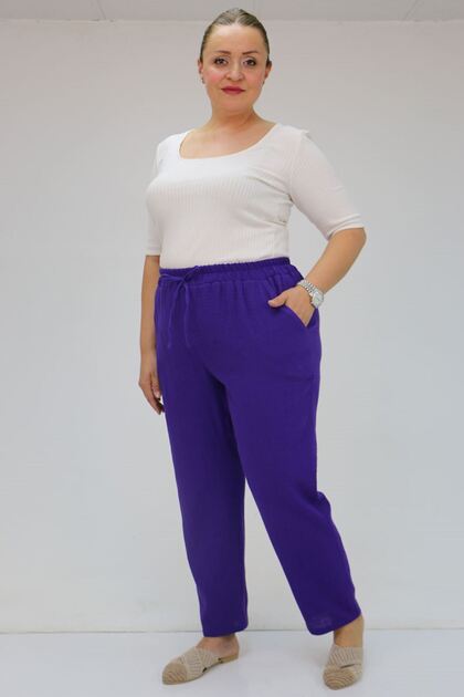 59020 Large Size Muslin Narrow Leg Trousers with Elastic Waist - Purple
