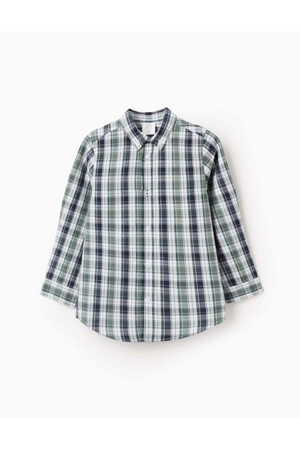 Cotton Shirt with Check for Boys, Green/Dark Blue