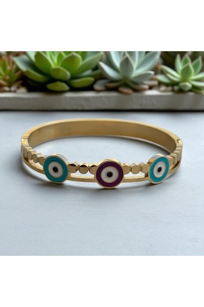 Steel Handcuff Bracelet with Evil Eye Figure (2 Years Importer Guarantee)