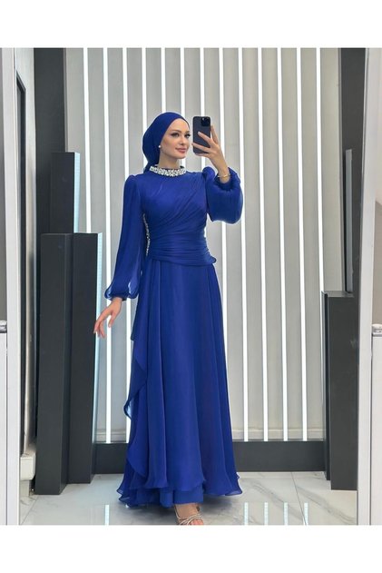 Judge Collar with Stones, Special Design Lined Jan Jan Fabric Long Evening Dress