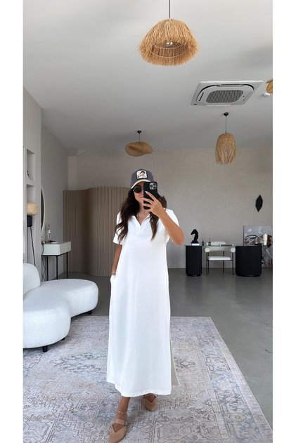 Rochie modală lungă cu guler ecru