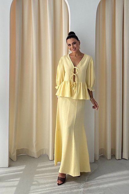 Yellow Front Lace-Up Linen Shirt Skirt Suit
