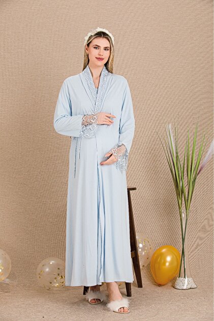 Maternity-Pregnant 2-Piece Set with Morning Dress, Long Sleeves, Button Collar Nightgown