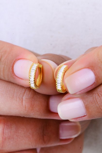 Gümüş altın yaldızlı baget kesim zirkon taşlı halka küpe SGTL12996GOLD