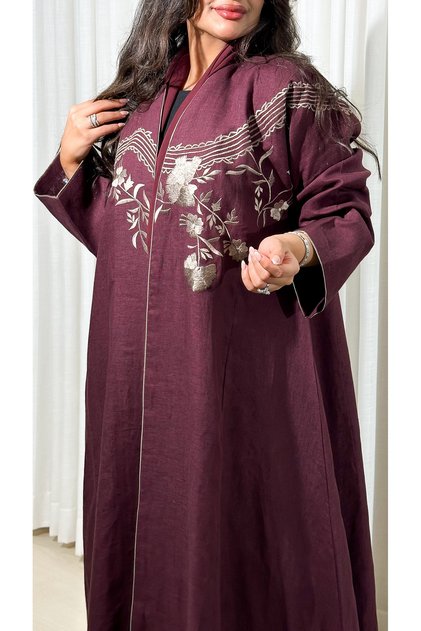Burgundy linen abaya with embroidery on the chest