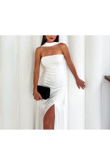 Cape Detailed Strapless Slit Long Dress