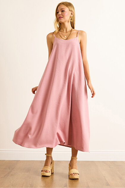 Olalook Women's Dusty Rose Strap Adjustable Linen Bell Dress Elb-19002527- Trendyol Olalook Women's Dusty Rose Strap Adjustable Linen Bell Dress Elb-19002527- Trendyol