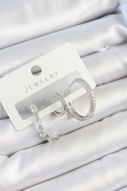Brass Zircon Stone Dangle Model Silver Color 3-Piece Double Women's Earring Set