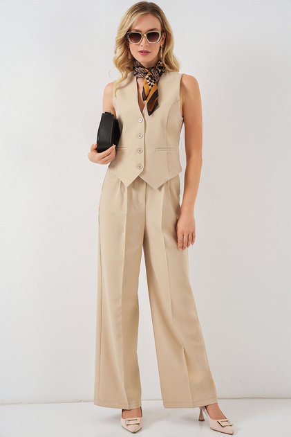 Women's Fabric Vest Trousers Double Suit Beige 1109