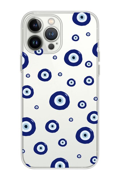 iPhone 14 Pro Compatible Evil Eye Beads Patterned Transparent Silicone Protective Phone Case