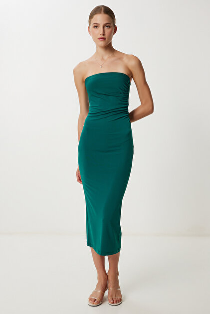 Lovelystanbul Gathered Strapless Midi Sandy Dress Ldz0044 Emerald Green-  Trendyol
