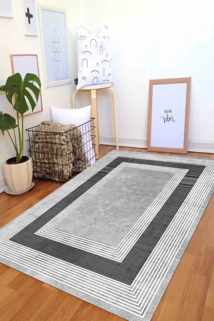 Düz Çizgili Desen Dijital Baskı Gri Lastikli Halı Örtüsü (SÜNGERSİZ) Szz-1189