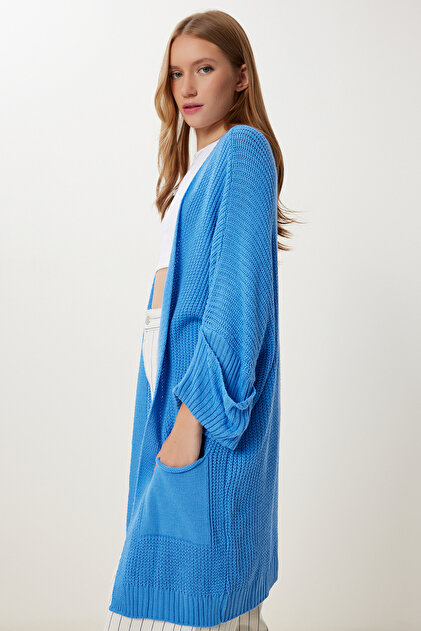 Happiness İstanbul Kadın Mavi Oversize Uzun Cepli Triko Hırka