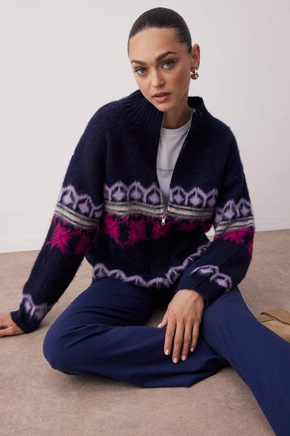 Cardigan tricotaj cu model etnic bleumarin, cu pene/înălțat, model lat TWOAW26HI00161