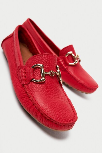 Genuine Leather 203-Kr Oval Toe Buckle Detail Women's Red Ballerina & Loafer Shoes