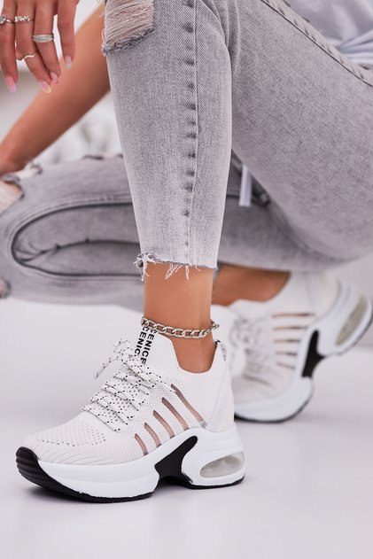 Women's White Sneakers with Hidden Wedge Heels – Knitwear Sneaker, Lightweight, Air Sole, Danceable