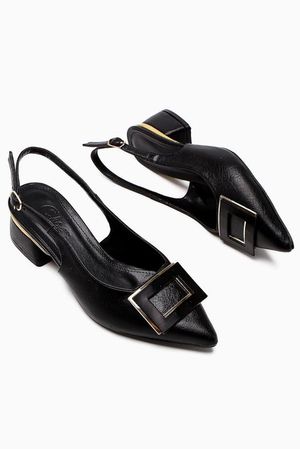 Tiana Black Accessories Low Heeled Shoes, Pointed Toe Heeled Ballerinas Open Back