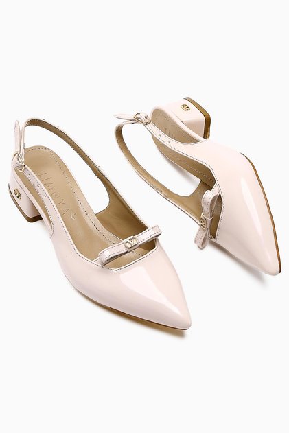 Sevy Beige Patent Leather Buckle Detailed Short Heeled Women's Shoes