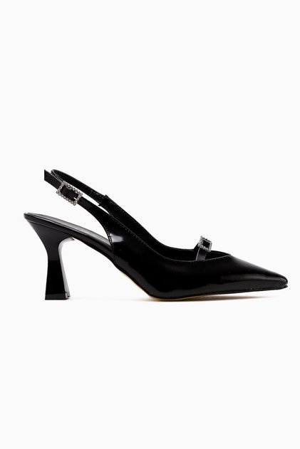 Chiara Black Patent Leather Pointed Toe Stone Buckle Detailed Women's Heeled Shoes