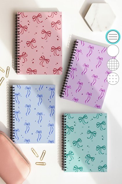Spiral Striped School Notebook Set, A5 / 50 Sheets 100 Sheets Set of 4, Bow Set