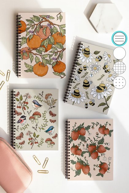 School Notebook Set with Spiral Line, A5 Size 50 Sheets 100 Sheets Set of 4, Fruit Set