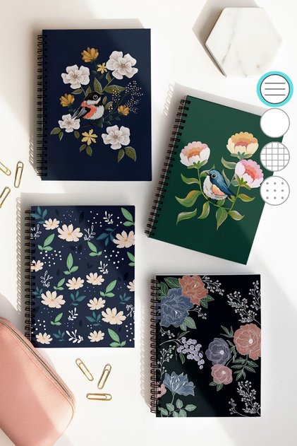 School Notebook Set with Spiral Line, A5 Size 50 Sheets 100 Sheets Set of 4, Set with Birds