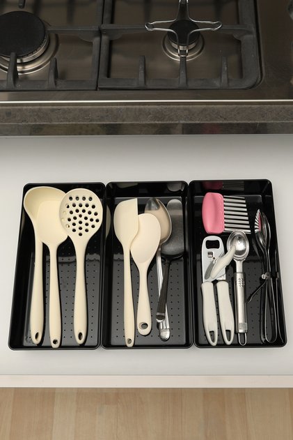 3 Pieces Glossy Black (Piano Black) Scoop-Shaped Organizer Drawer Organizer (30.8*15.4 cm)