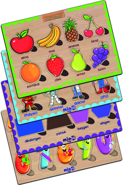Wooden Turkish Fruits+professions+shapes+numbers Set of 4 Educational Puzzle
