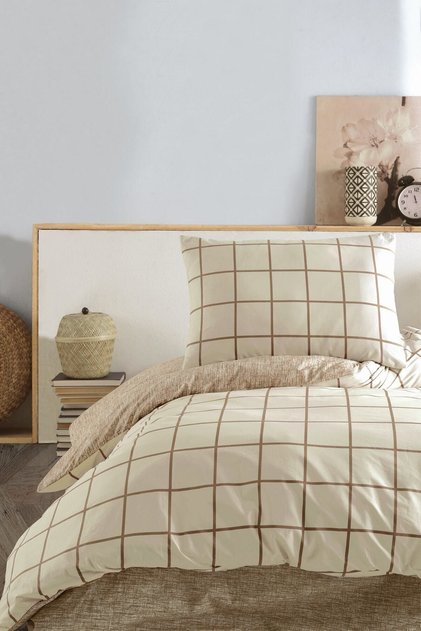Ranforce Single Duvet Cover Set with Elastic Sheets Square Cream