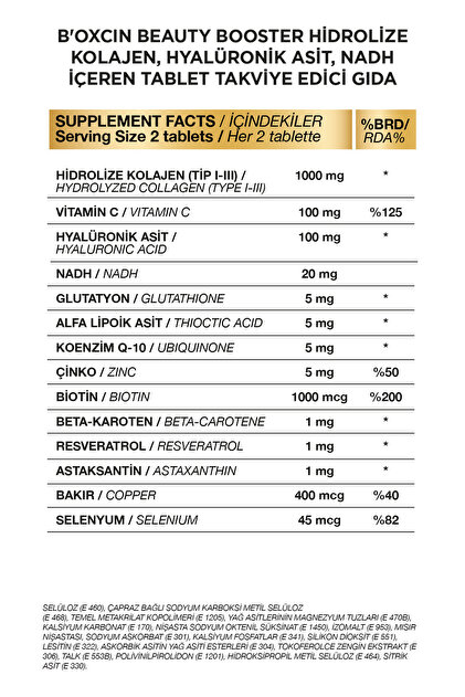 Bioxcin Beauty Booster - 60 Tablets Collagen Nicotinamide, Coq10,  Glutathione, Astaxanthin and Resveratrol Hya Acid- Trendyol