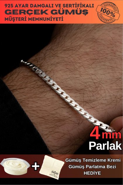 Erkek Gümüş Bileklik - 4mm 925 Ayar Ezme Gurmet Gümüş Bileklik 4mm